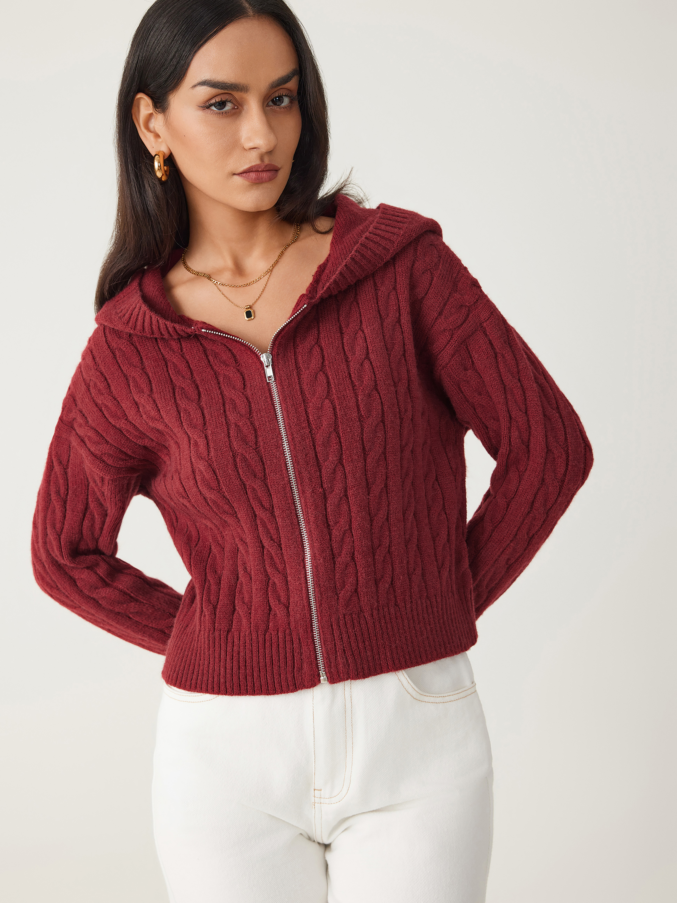 Knit Fabric Cable Knit Zipper Hooded Cardigan For School Gym