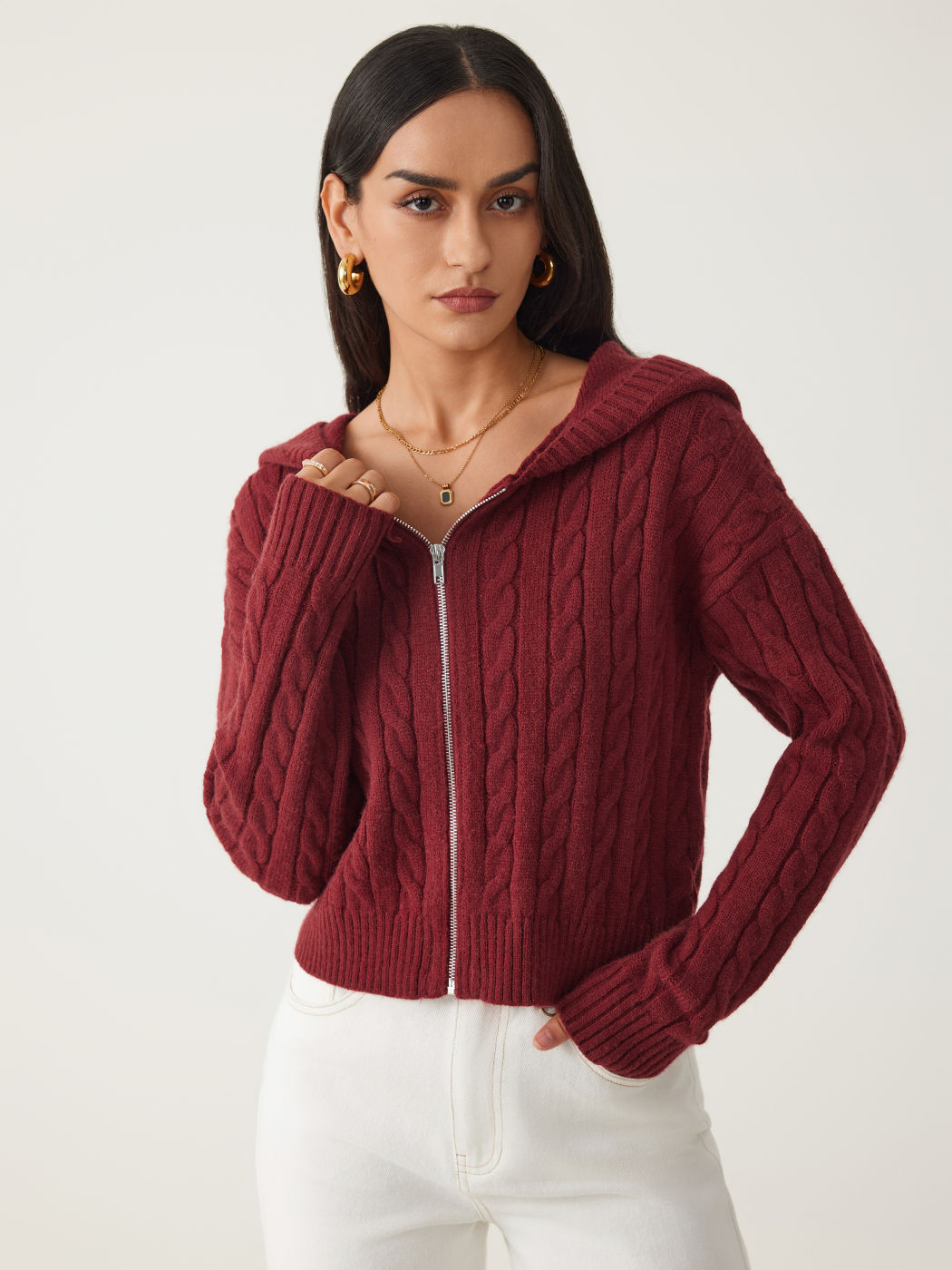 Cable Knit Zipper Hooded Cardigan