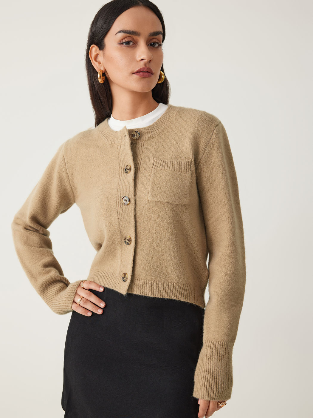  Strick Rundhals Knopf Strickjacke