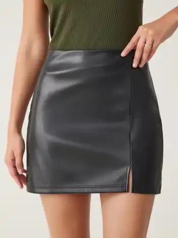 Faux Leather Solid Split Mini Skirt