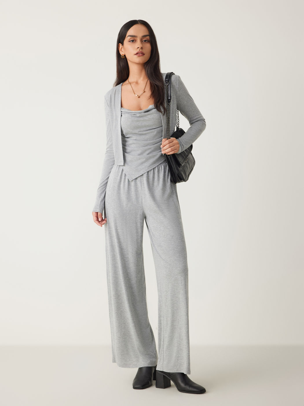 3pcs Solid Ruched Tank Top & Cardigan & Pants Set