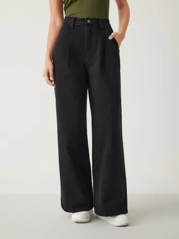 Denim High Waist Pleated Straight Leg Jeans
