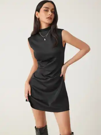 Turtleneck Sleeveless Ruched Mini Dress