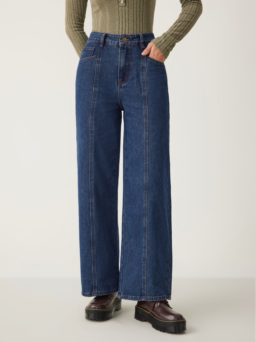 Denim Middle Waist Pleated Wide Leg Jeans