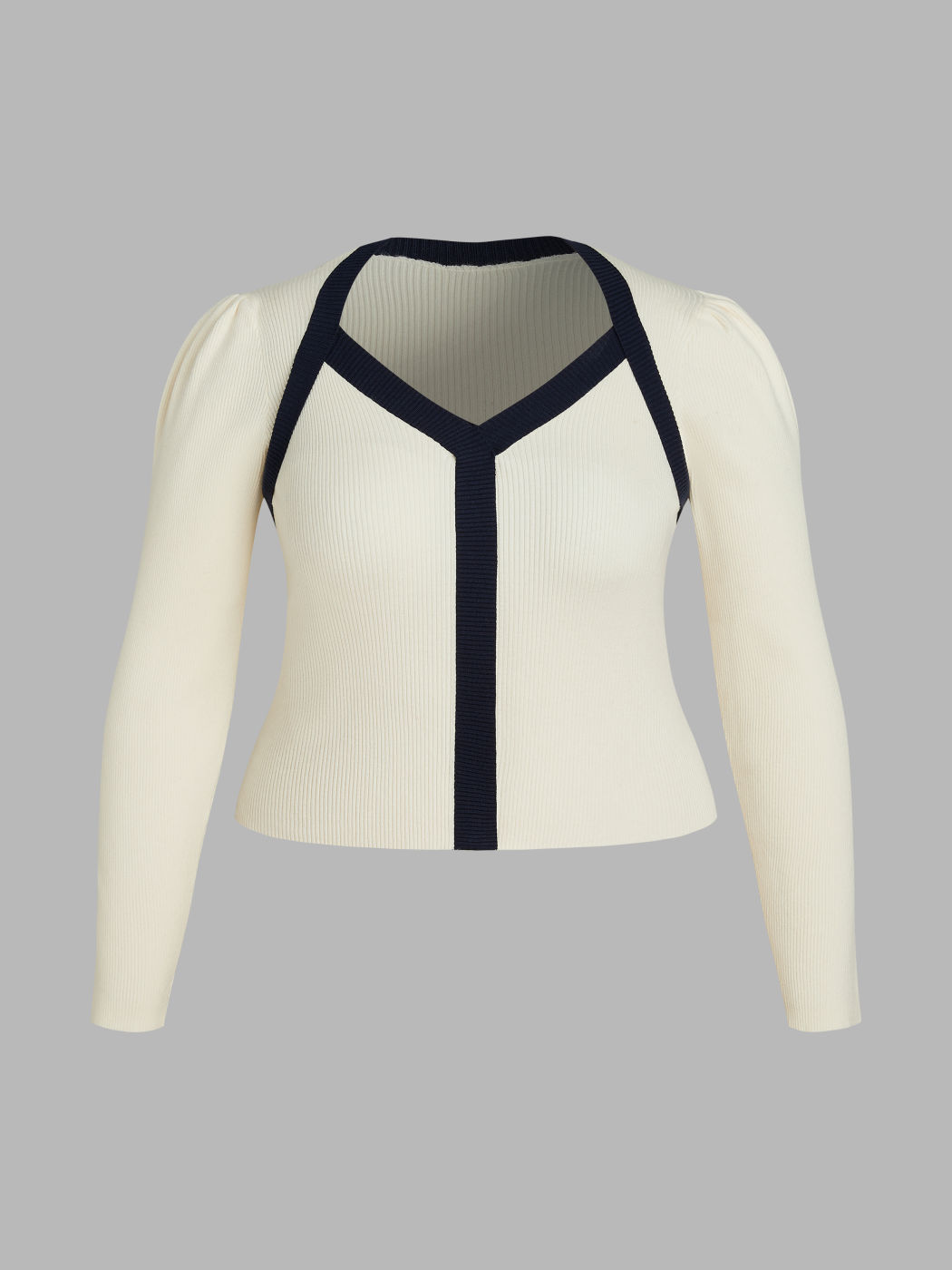 Top a manica lunga in maglia con scollo a V e rilegatura a contrasto Curve & Plus