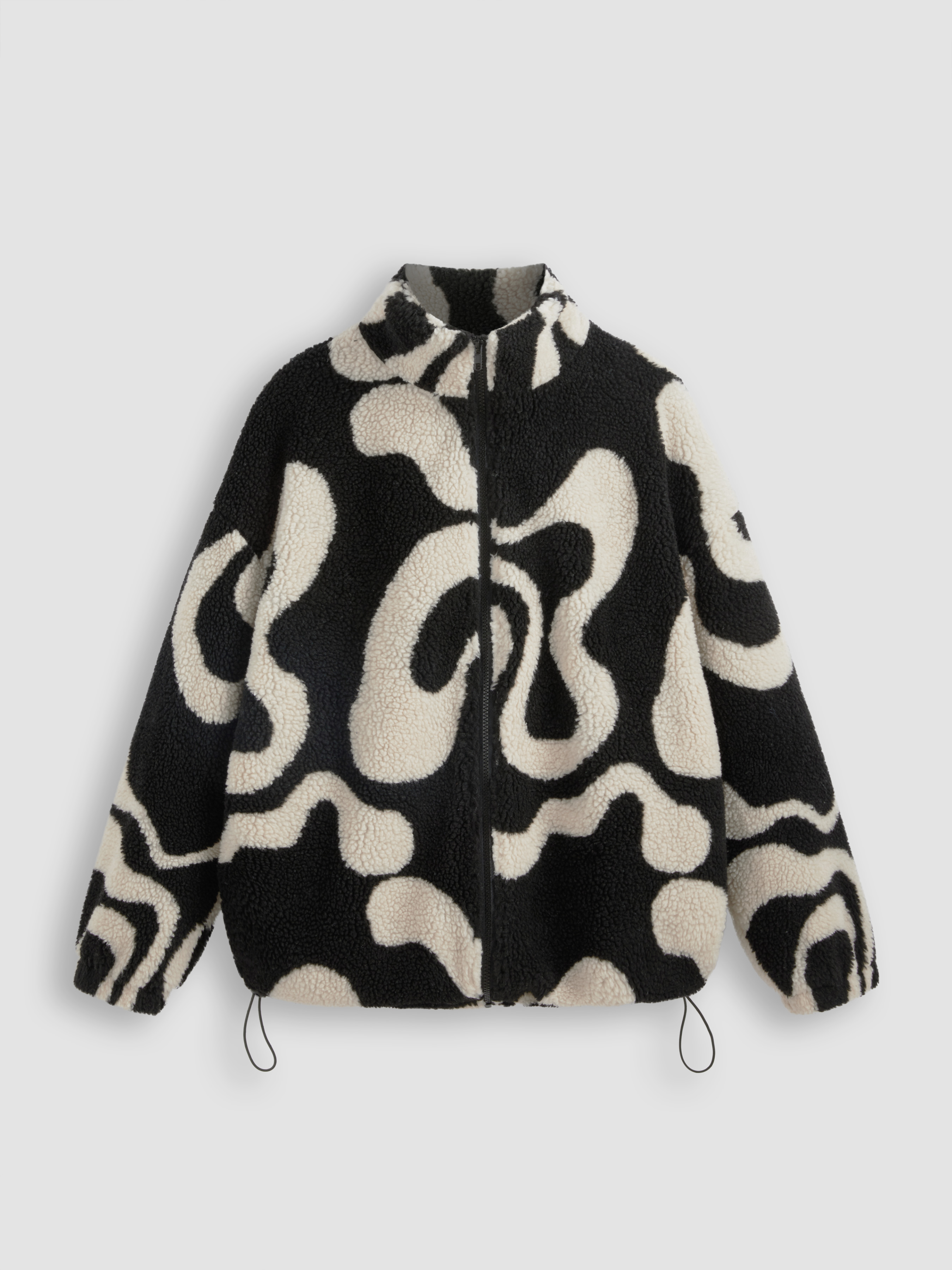 Fleece High Neck Abstract Zebra Stripe Drawstring Jacket
