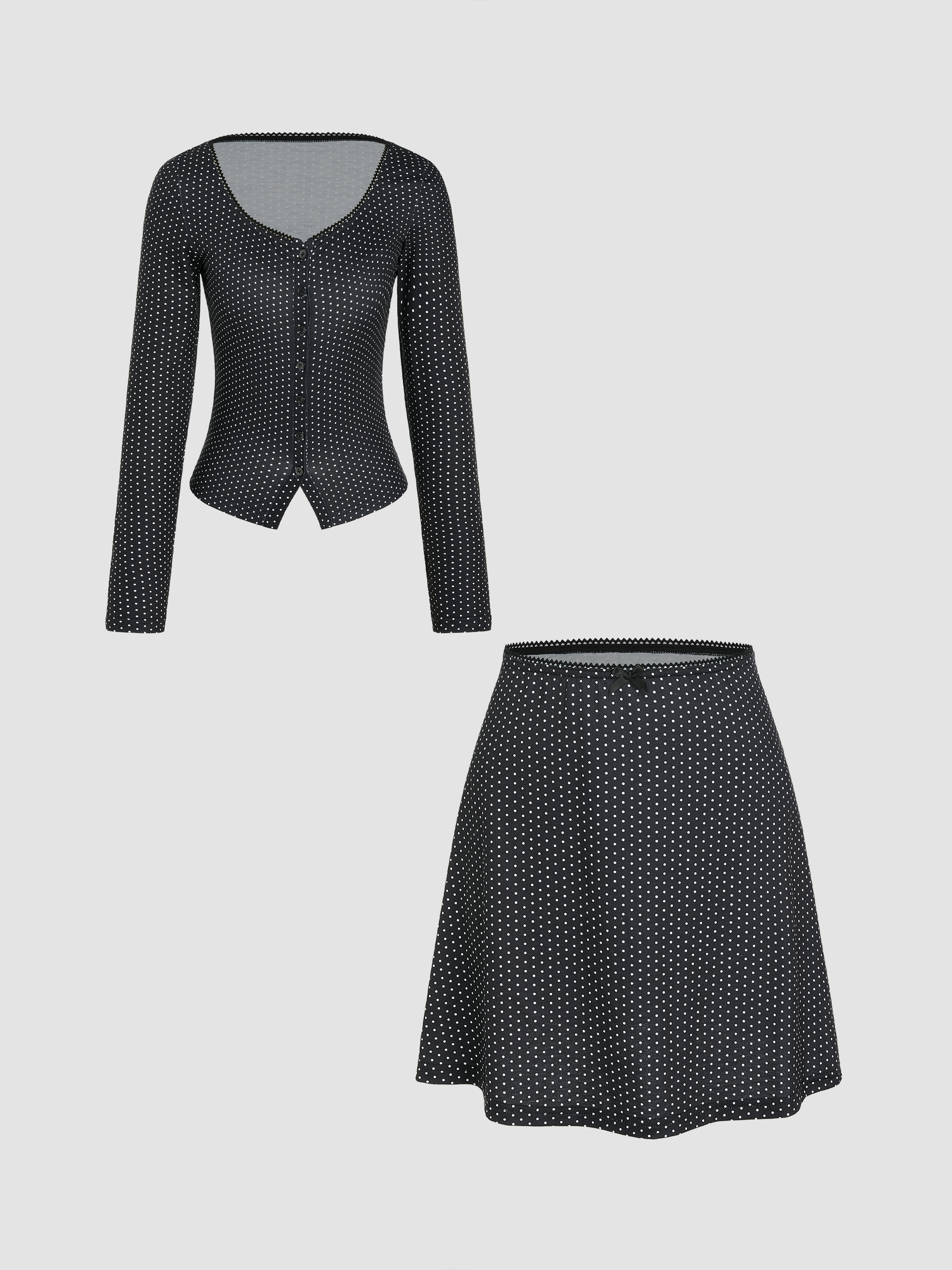 Acetate Knit Top And 16 MM Mulberry Slik Polka Dots Skirt Two-Piece Set