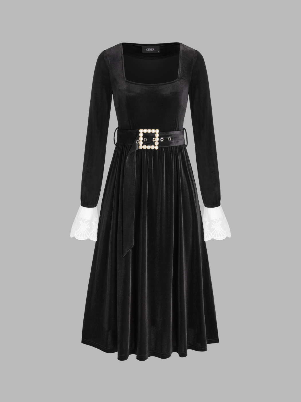 Ruffled Pearls Black Velvet Dress