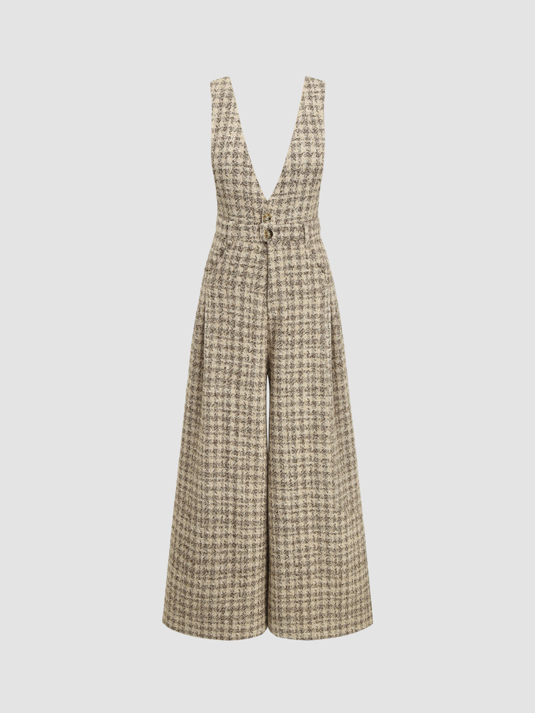 Tweed con scollo a V e bottoni a quadri, tuta a gamba larga plissettata