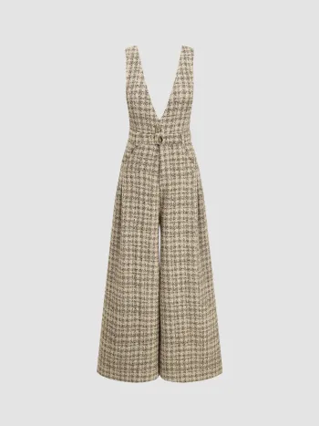 Tweed con scollo a V e bottoni a quadri, tuta a gamba larga plissettata