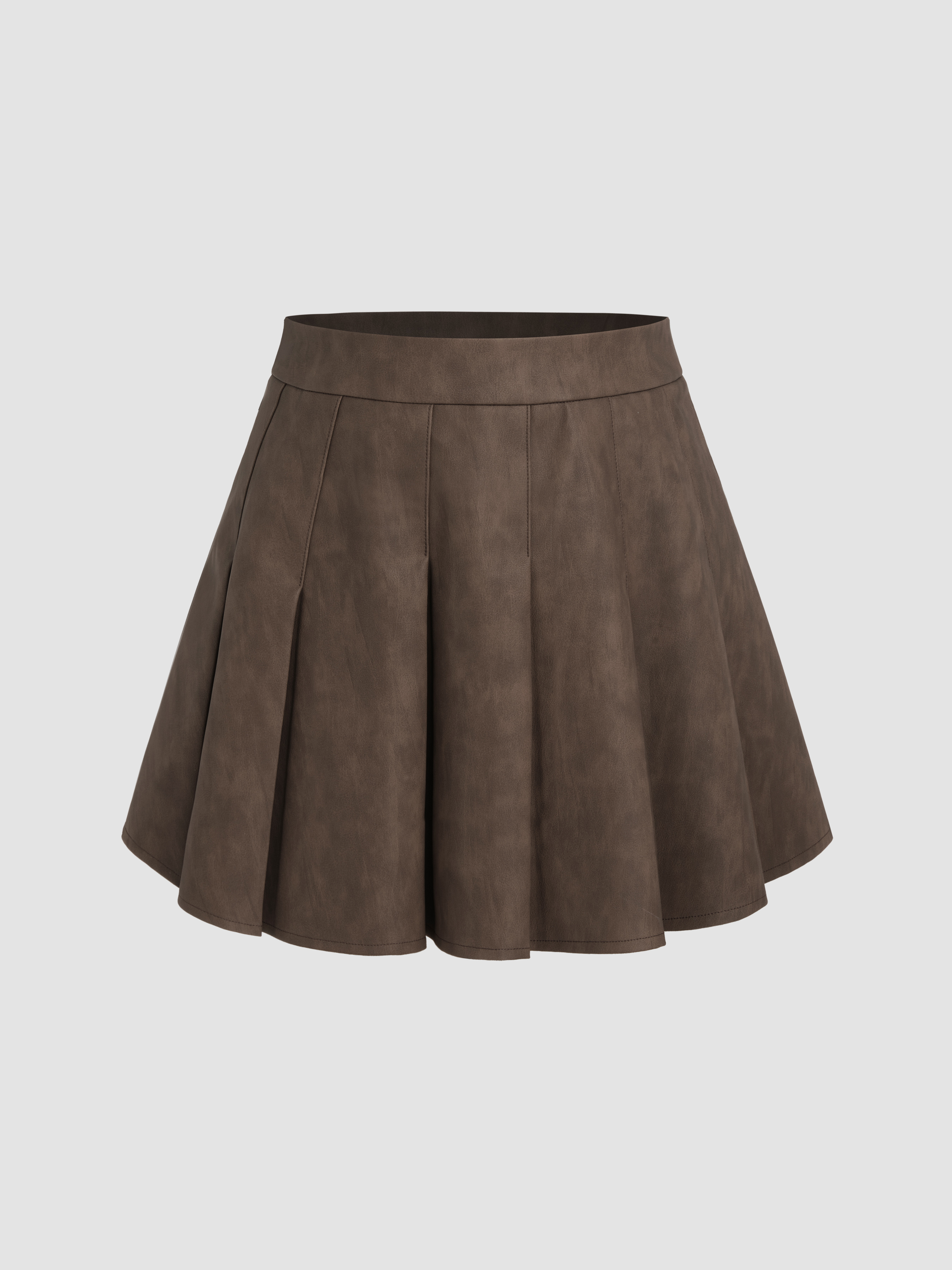 Faux Leather Low Waist Pleated Mini Skirt - Cider