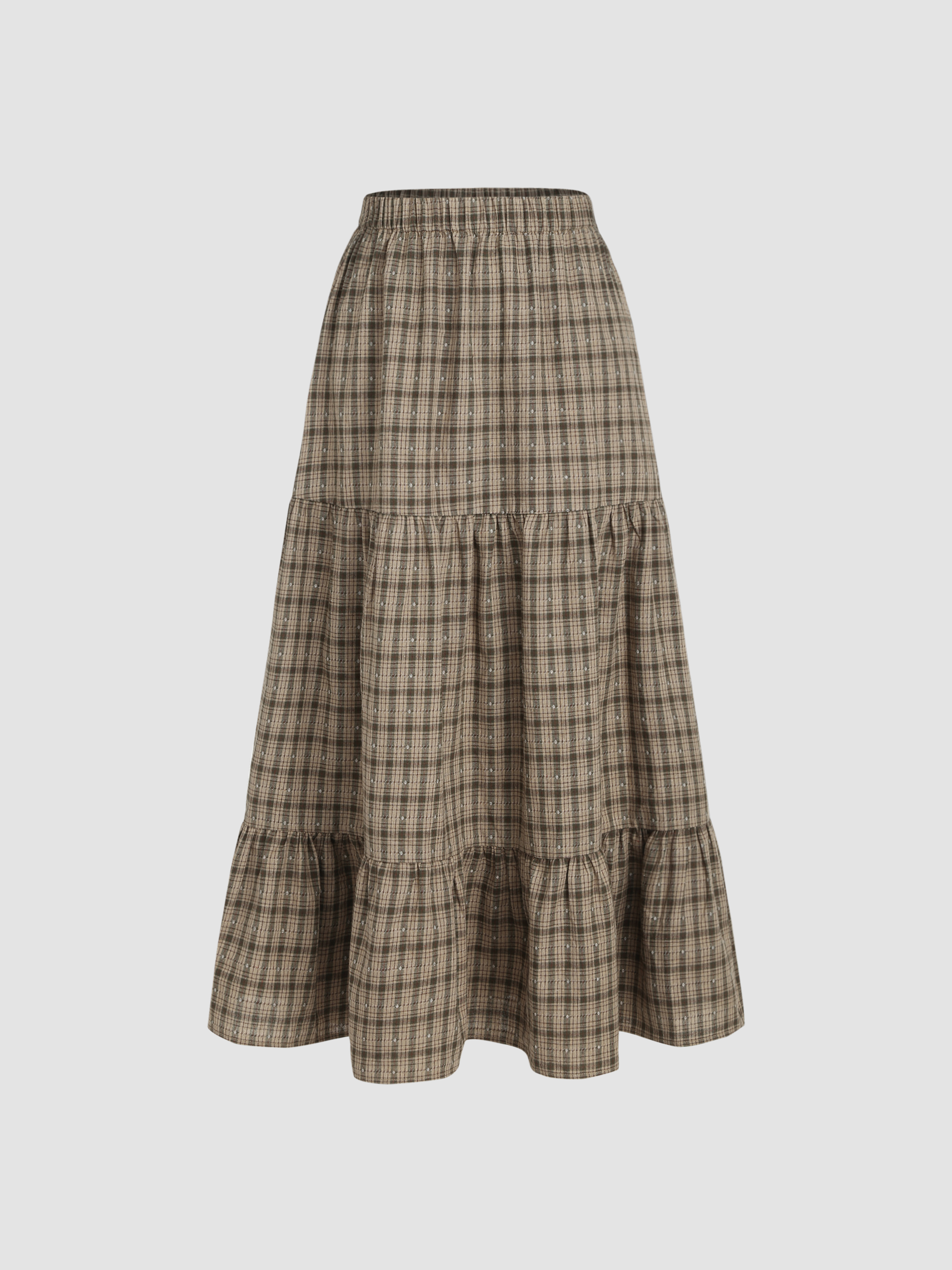 Middle Waist Gingham Ruffle Tiered Midi Skirt - Cider