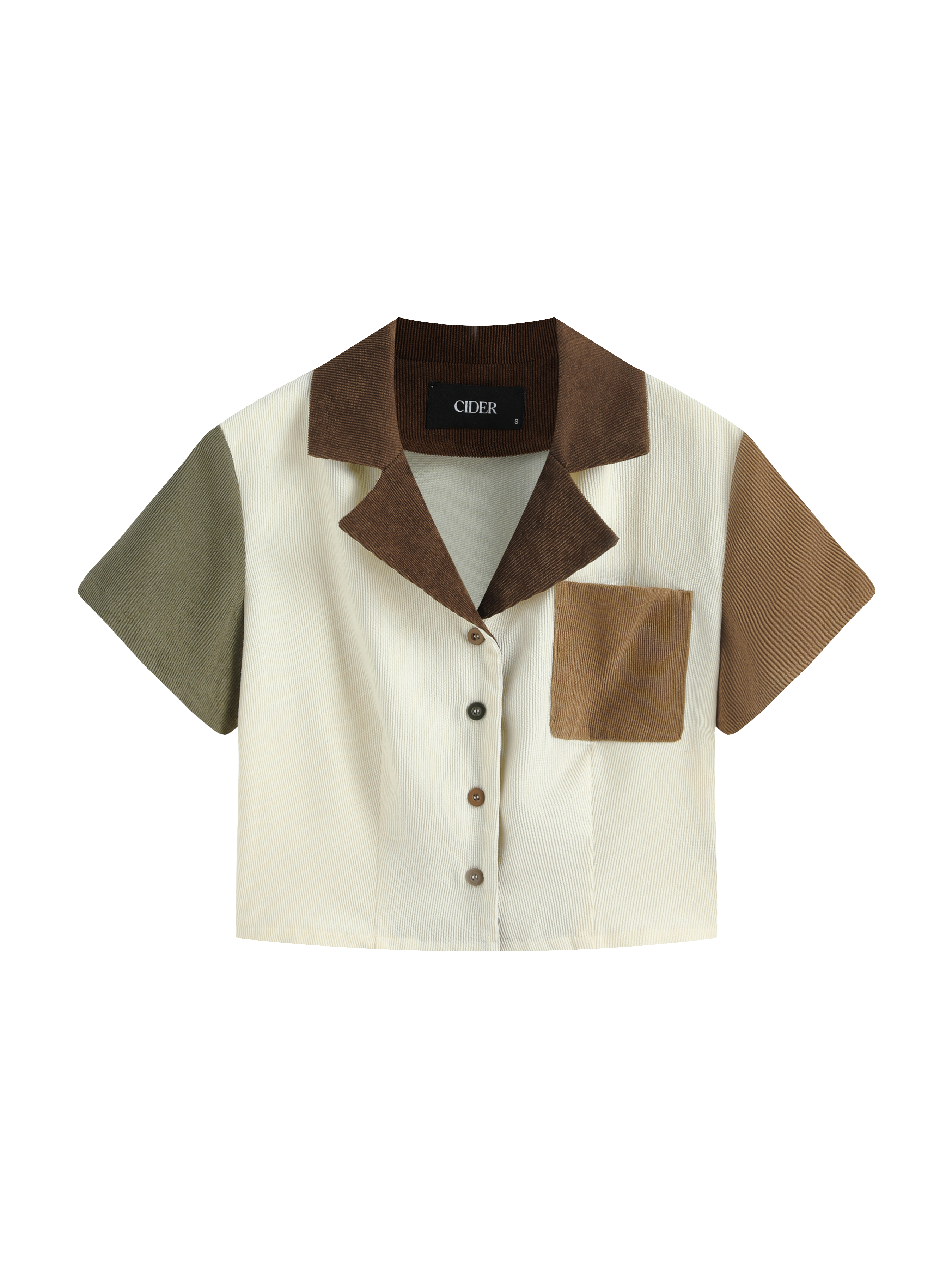 Corduroy Patchwork Collar Short Sleeve Crop Blouse For