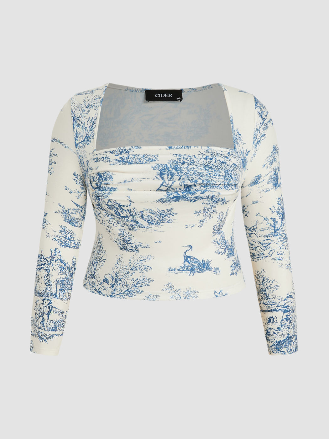 Knit Fabric Toile De Jouy Square Neck Ruched Long Sleeve Crop Top Curve And Plus For Daily Casual 