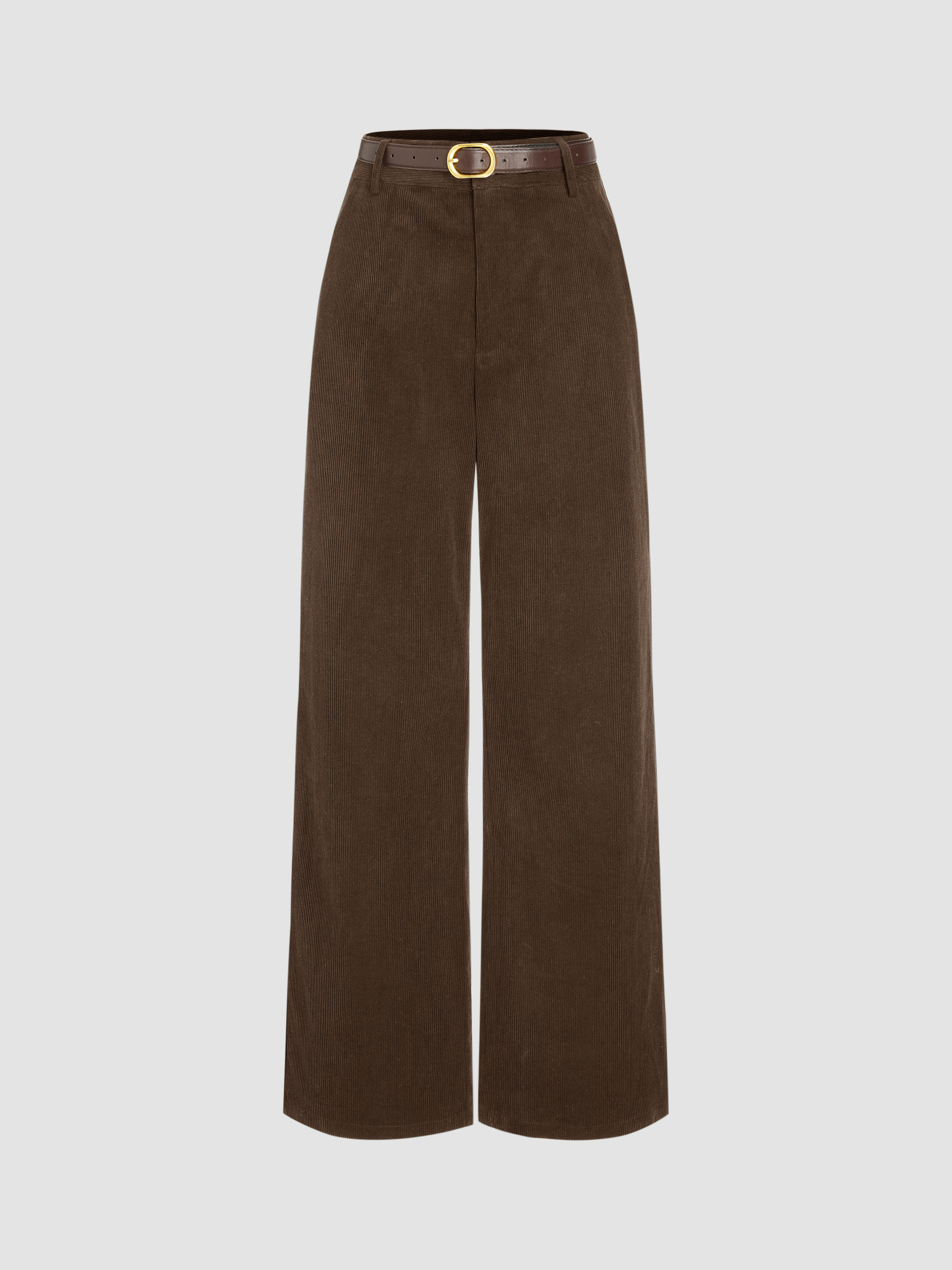 Corduroy Middle Waist Pocket Straight Leg Trousers With Belt - Cider