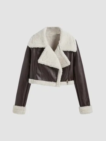 Fleece Drop Shoulder Zipper Biker Crop Jacket