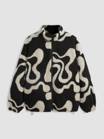 Oversized Print Fleece Zip-Up Jacke Kurve & Plus