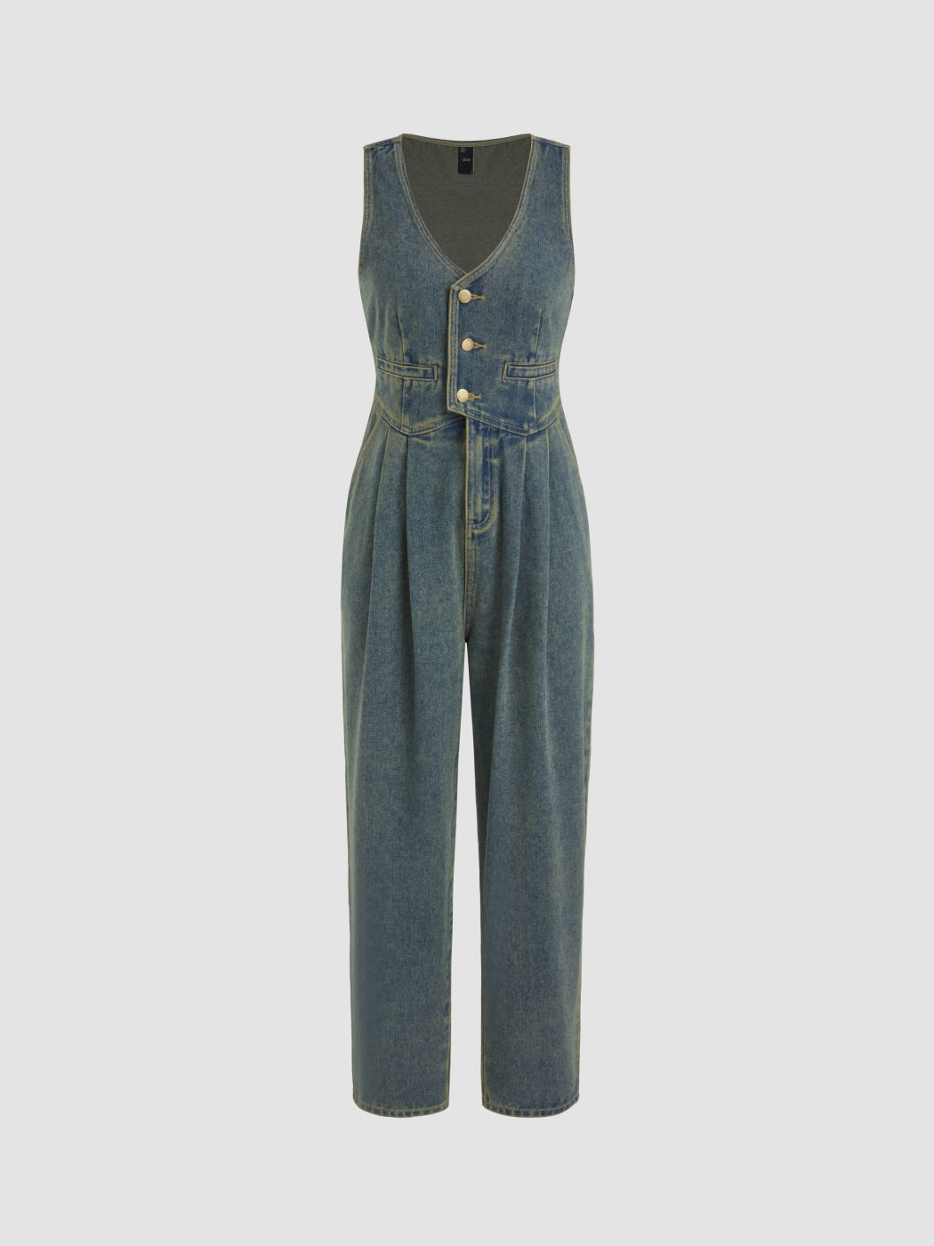 Denim V-neck Belted Straight Leg Jumpsuit