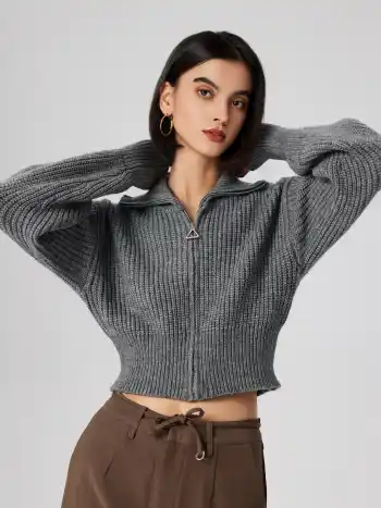 Einfarbiges Strick-Polo-Zipper-Kardigan