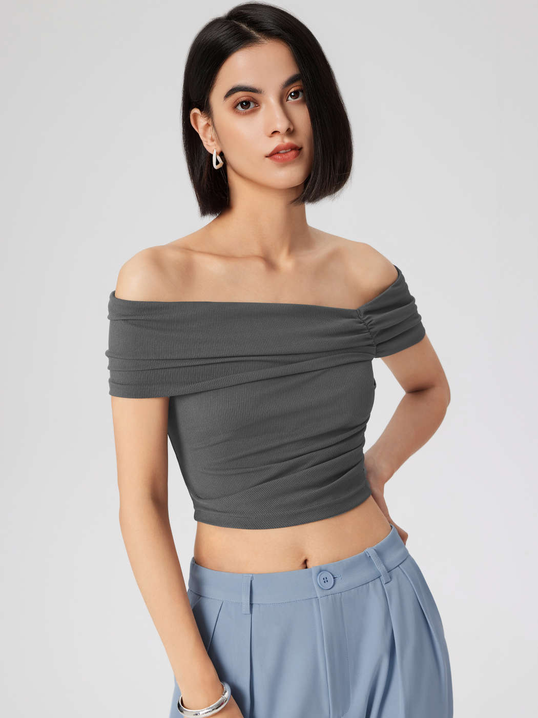 Summer Tops Knit Fabric Ruched Off-shoulder Short Sleeve Crop Top