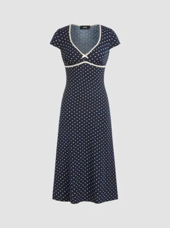 Strick-V-Ausschnitt-Polka-Dot-Bows-Midikleid