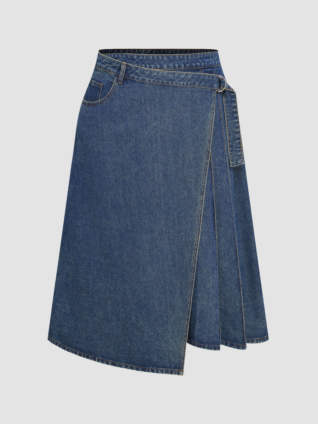 Denim Mid Waist Asymmetrical Pleated Maxi Skirt Curve & Plus - Cider