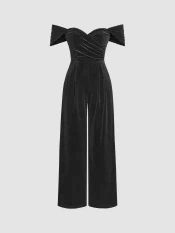 Velvet Off-shoulder Solid Ruched Jumpsuit