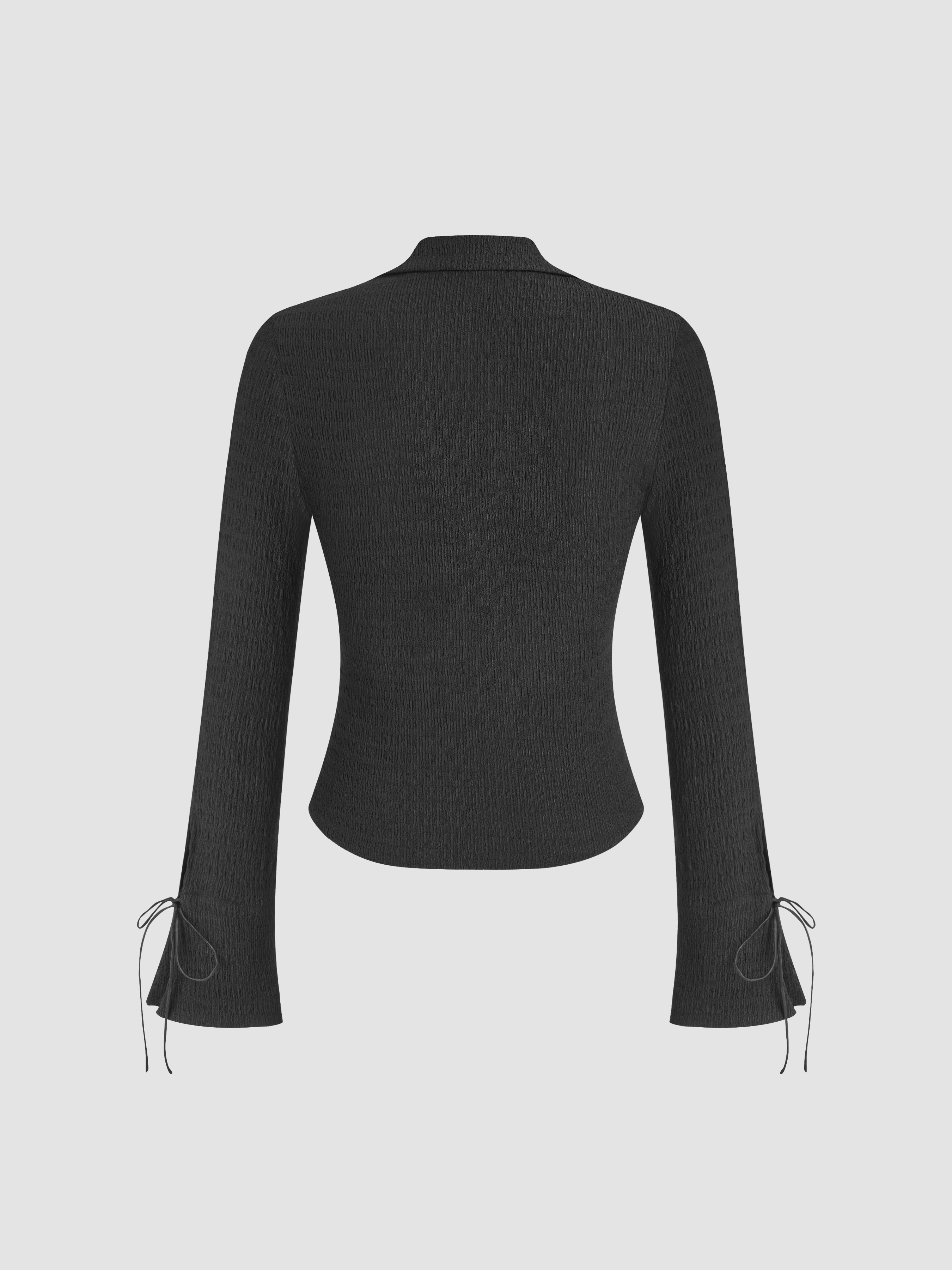 Collar Solid Shirred Bowknot Bell Sleeve Top For Coffee Shop