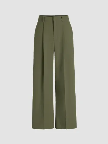 Mittelhohe einfarbige Hose mit Taschen und geraden Beinen