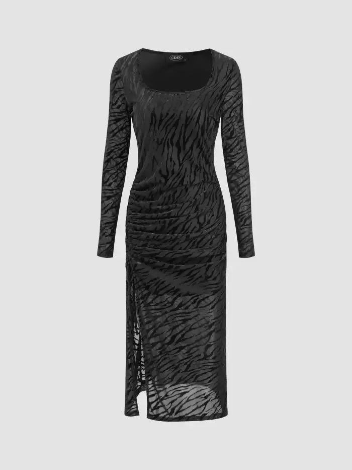 mesh square neck split maxi dress Mesh Mesh Square Neck Zebra Stripe Split Maxi Dress For Date Party/Clubbing