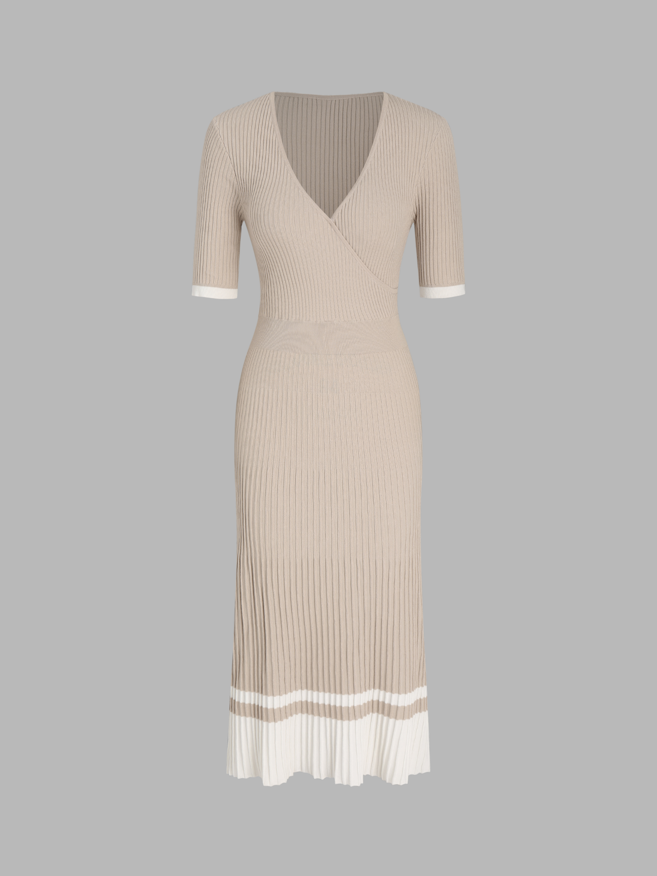 Knit Vneck Contrasting Binding Wrap Midi Dress Cider