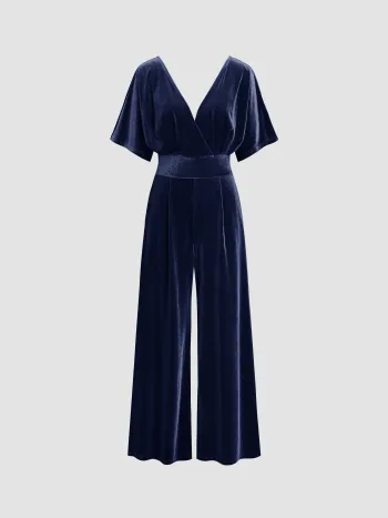 Velvet V-neck Solid Ruffle Jumpsuit