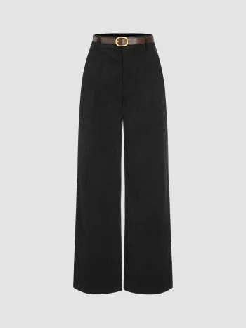 Corduroy Middle Waist Pocket Straight Leg Trousers With Belt