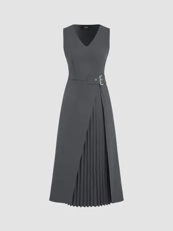 V-neck Solid Split Midi Dress
