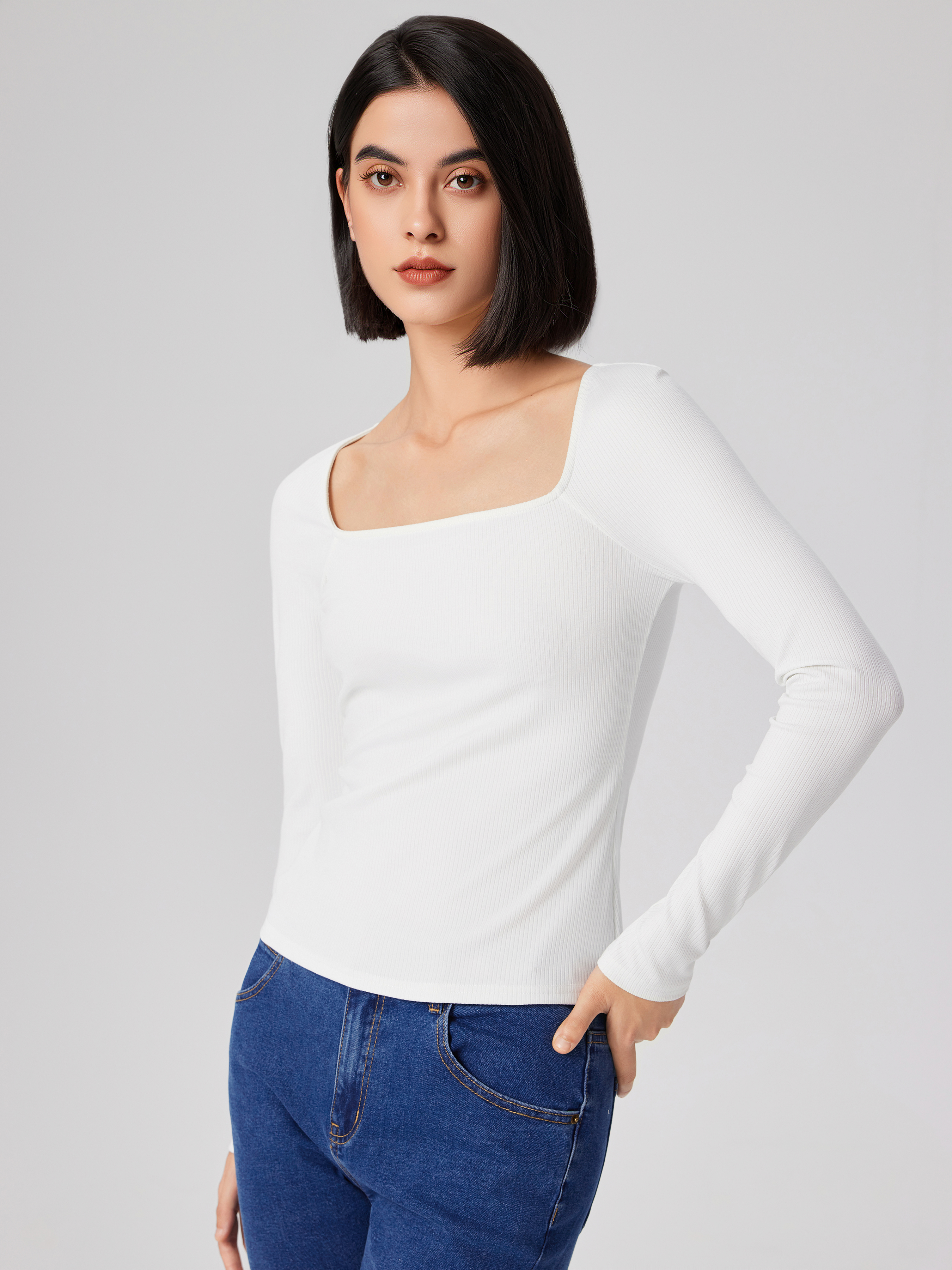 Knit Fabric Square Neck Solid Long Sleeve Tee For Daily