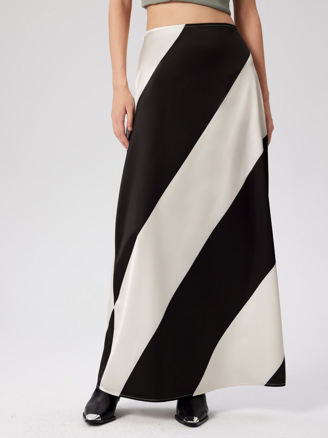 Satin Mid Waist Striped Maxi Skirt