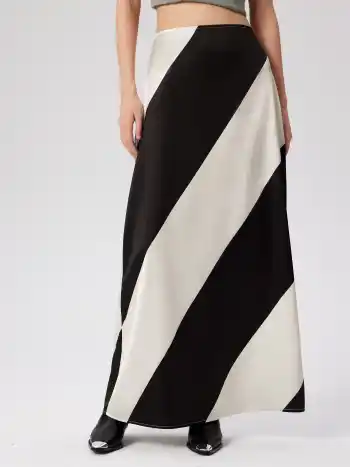 Satin Mid Waist Gestreifter Maxirock