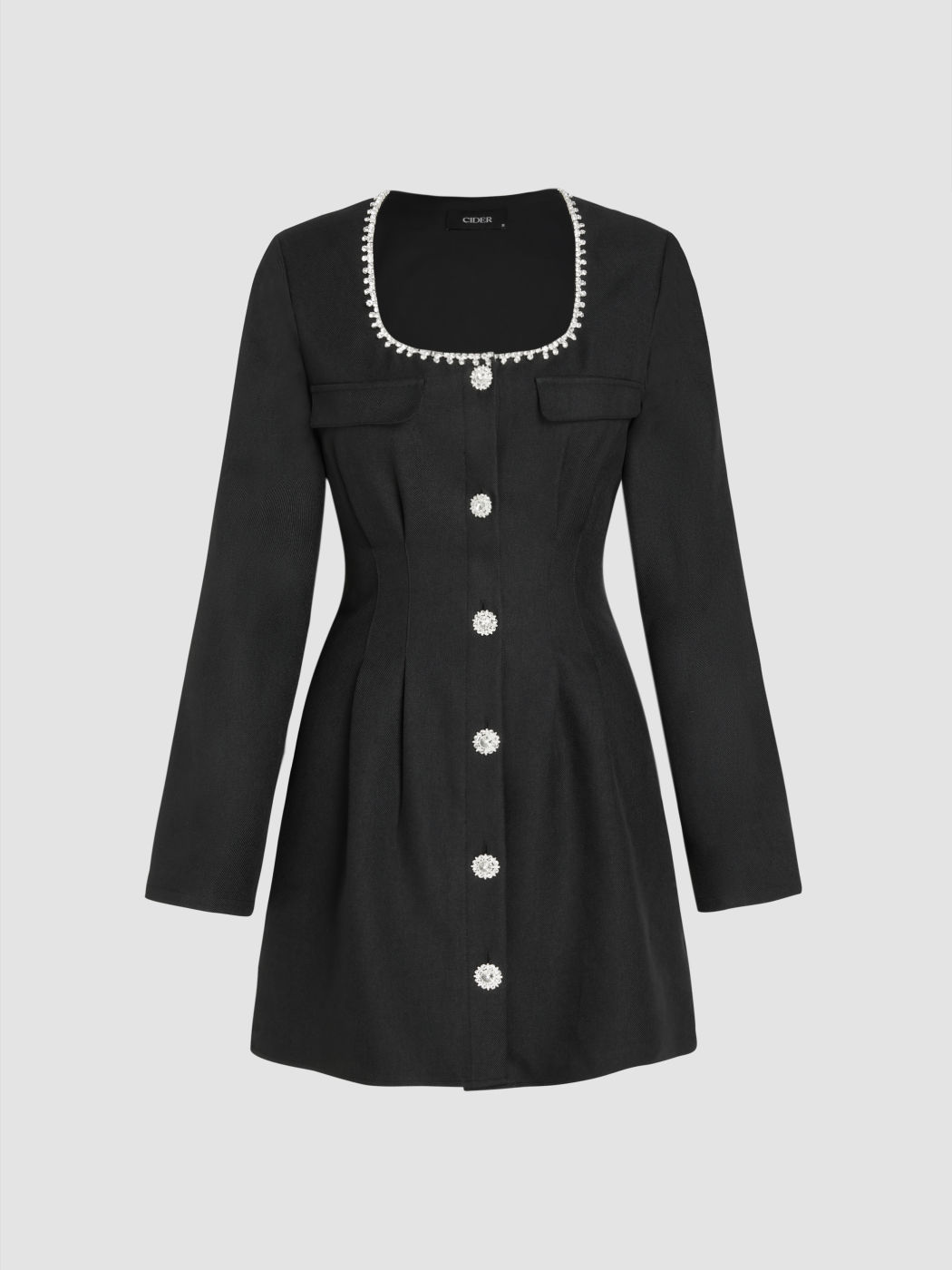  Quadratischer Ausschnitt Strass Falten Minikleid