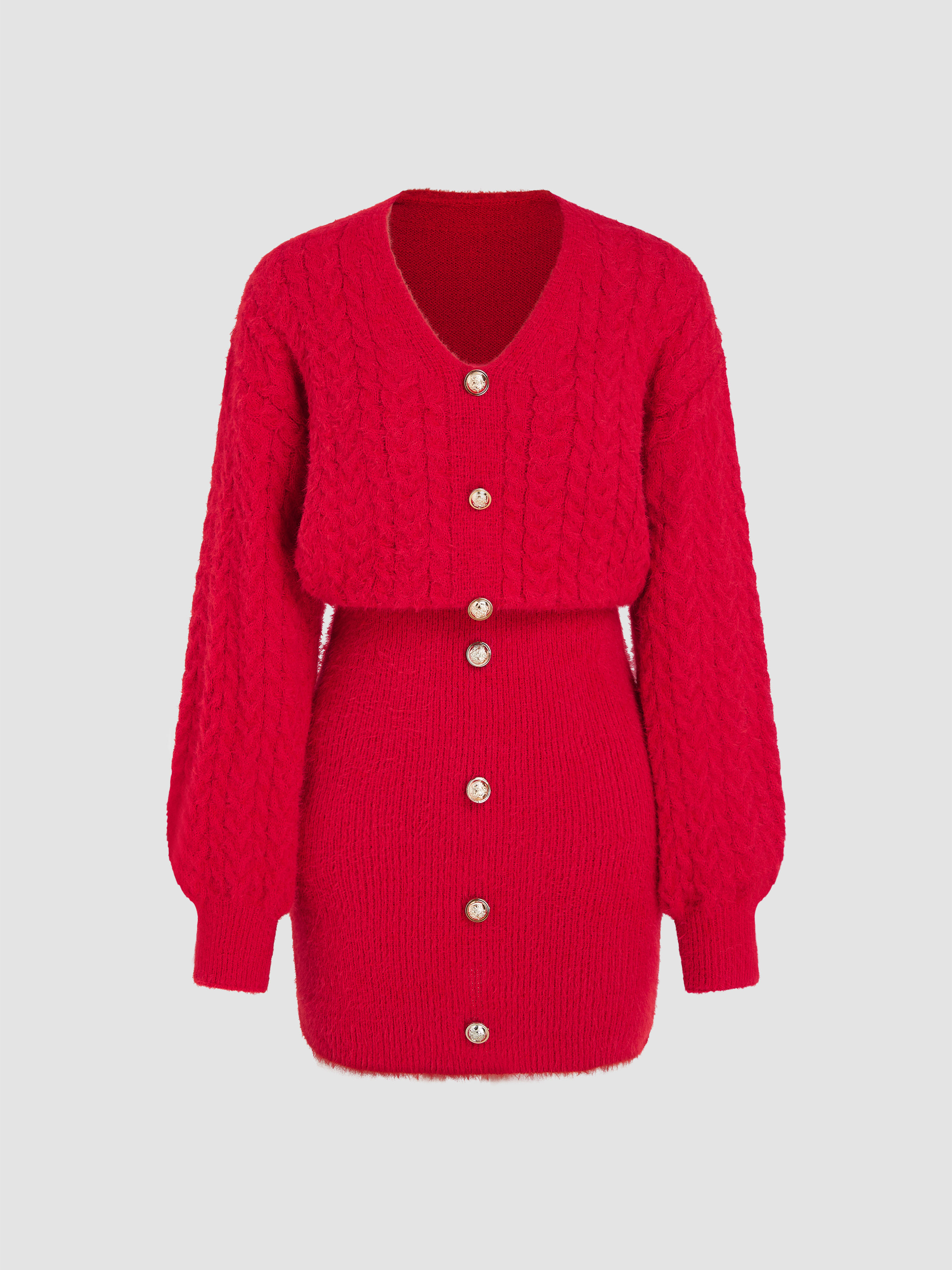 Knit Fabric Cable Knit V-neck Button Knitted Mini Dress For Date Coffee ...