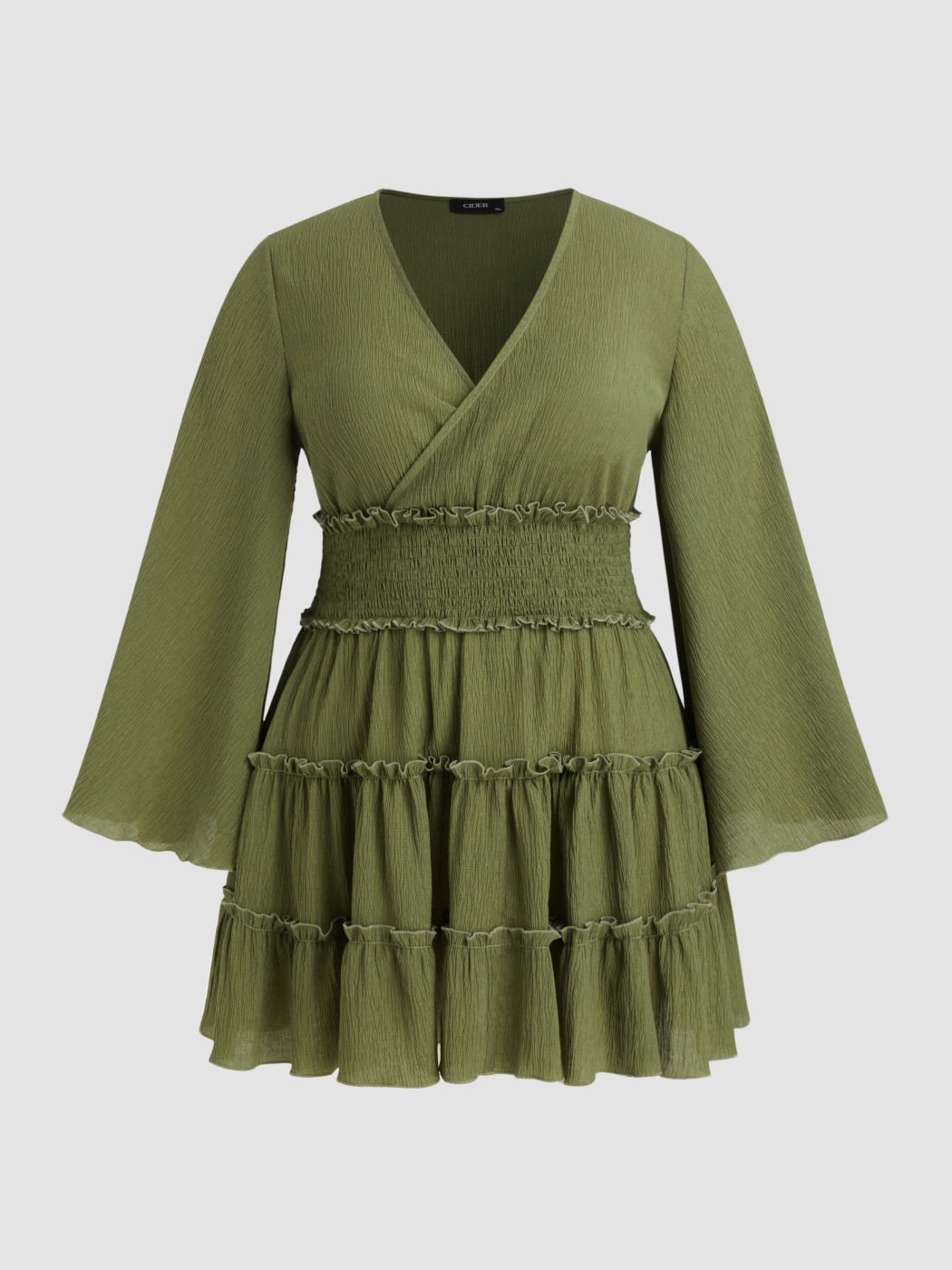 V-Ausschnitt Langarm Elastische Taille Minikleid Kurve & Plus