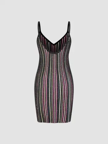 Knit V-neck Sequin Stripe Mini Cami Dress