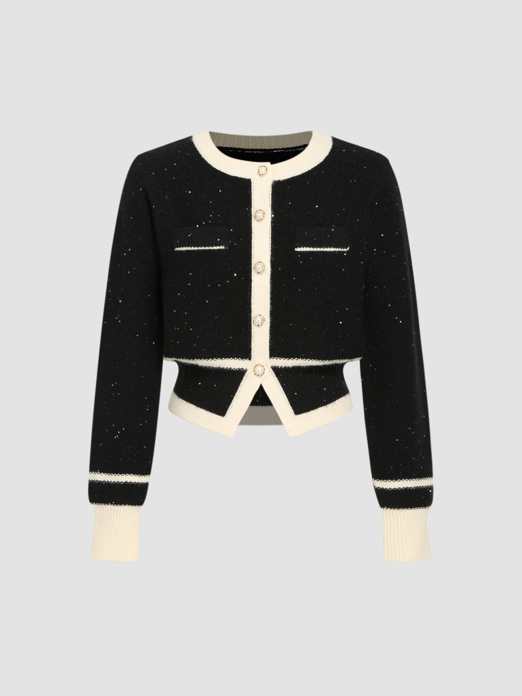 CREAM SEQUIN KNIT PEARL CARDIGAN
