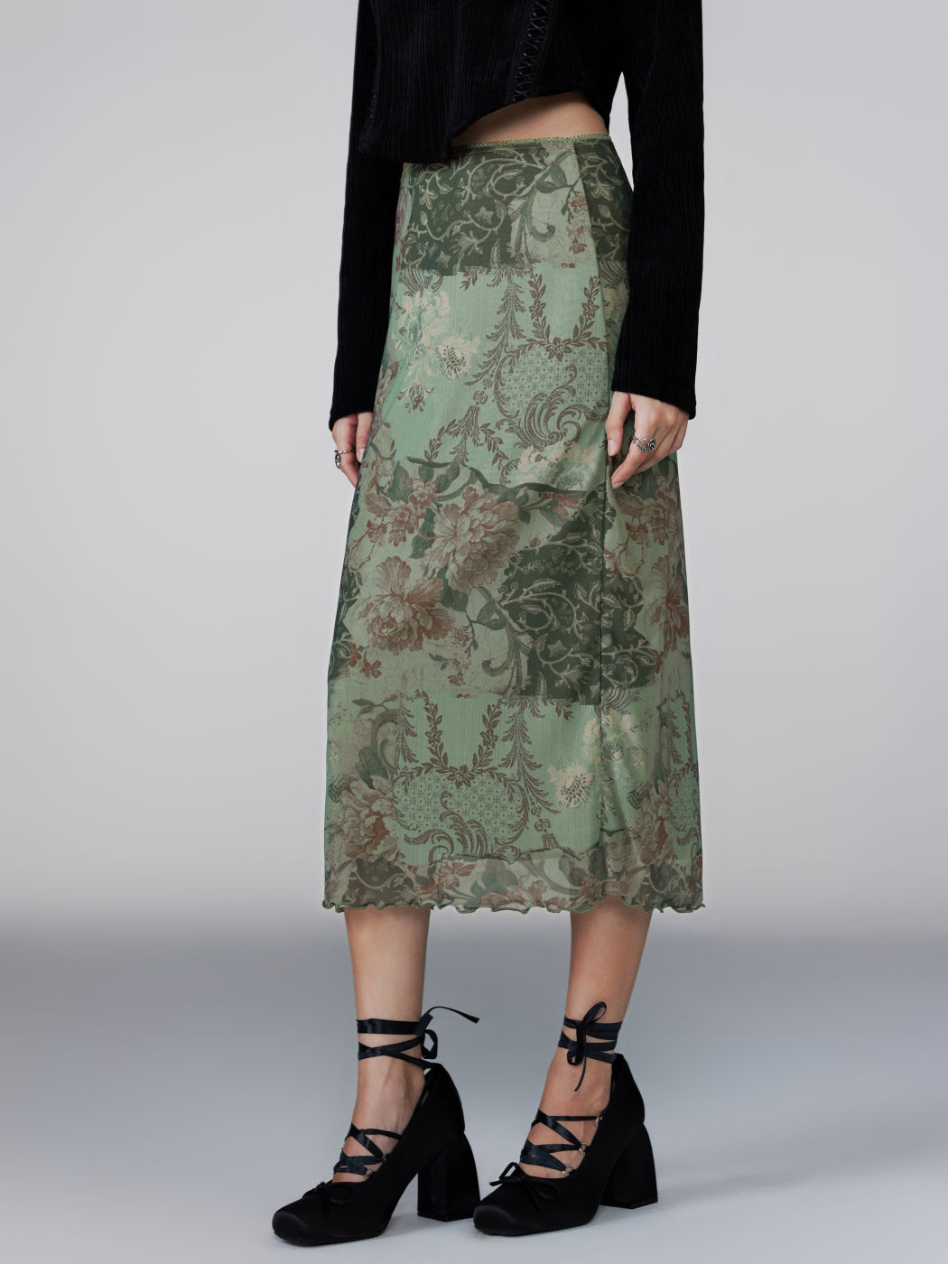 Mesh Mid Waist Floral Midi Skirt