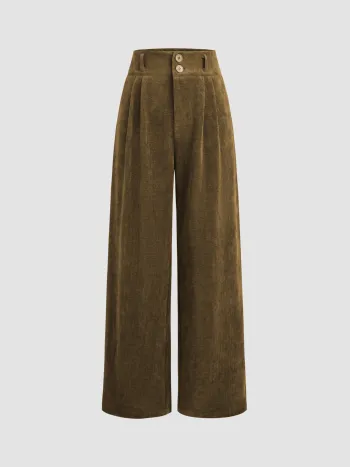 Corduroy High Waist Solid Faltenweite Hosen