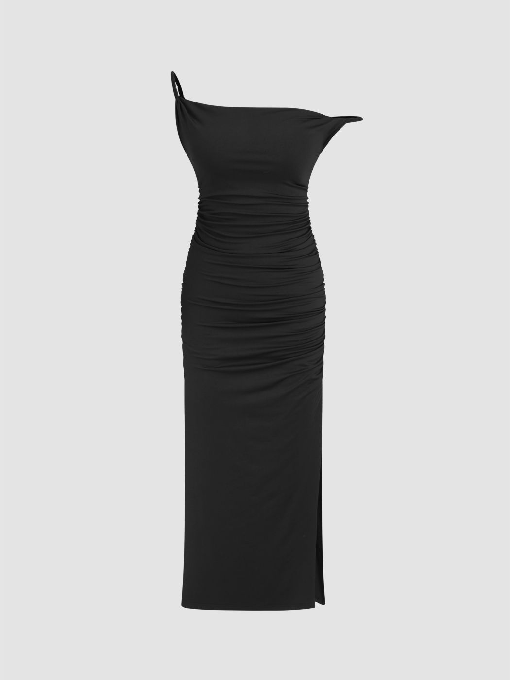  Schulterfreies gerafftes Split Midikleid