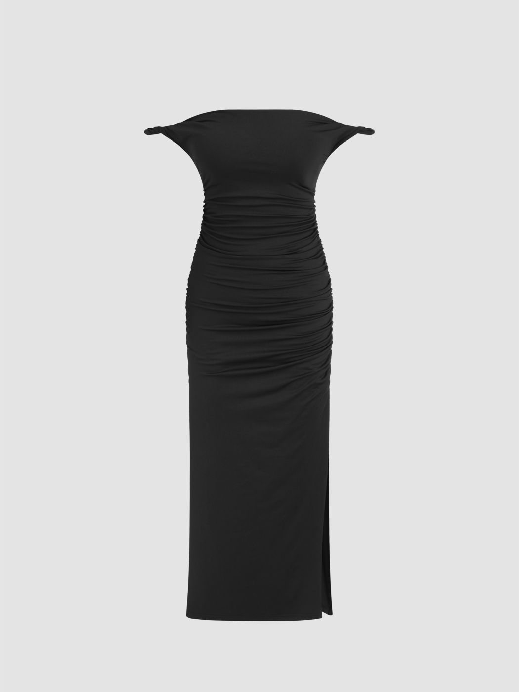  Schulterfreies gerafftes Split Midikleid