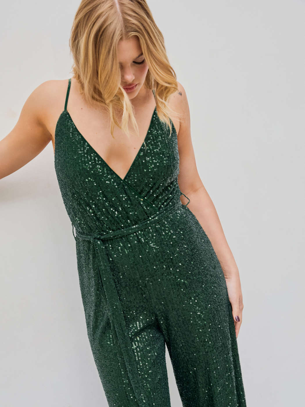 Belted Jumpsuit Velvet Green Romper Sequins Sequin V-neck Solid