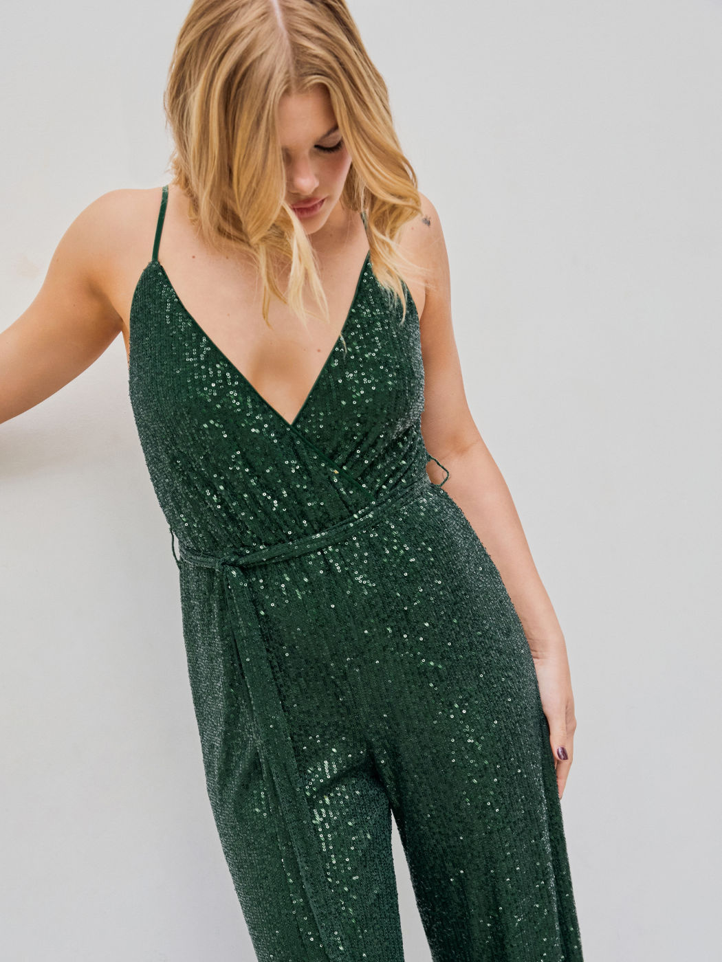 Sequin V-neck Solid Belted Wide Leg Jumpsuit