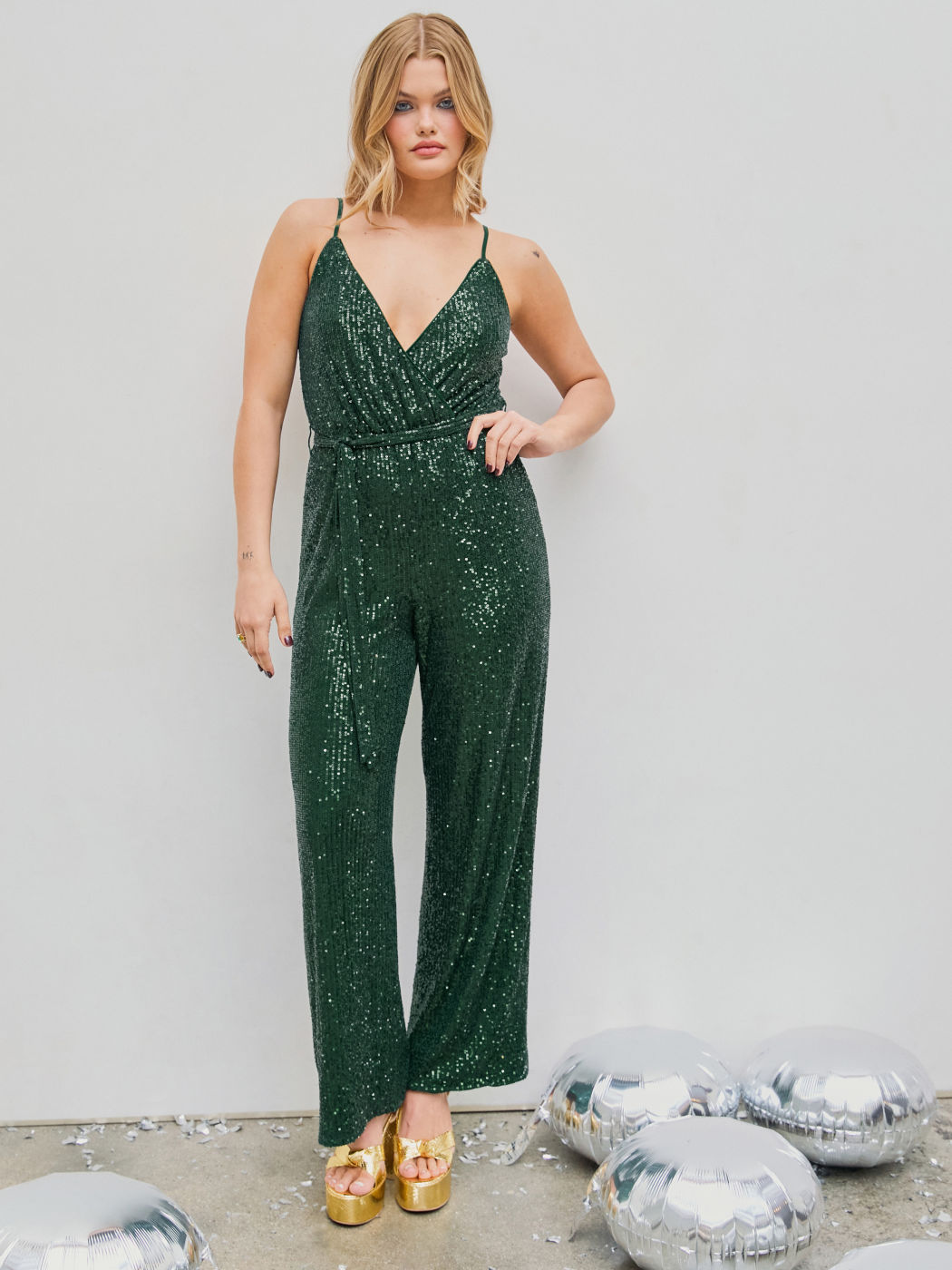 Sequin V-neck Solid Belted Wide Leg Jumpsuit