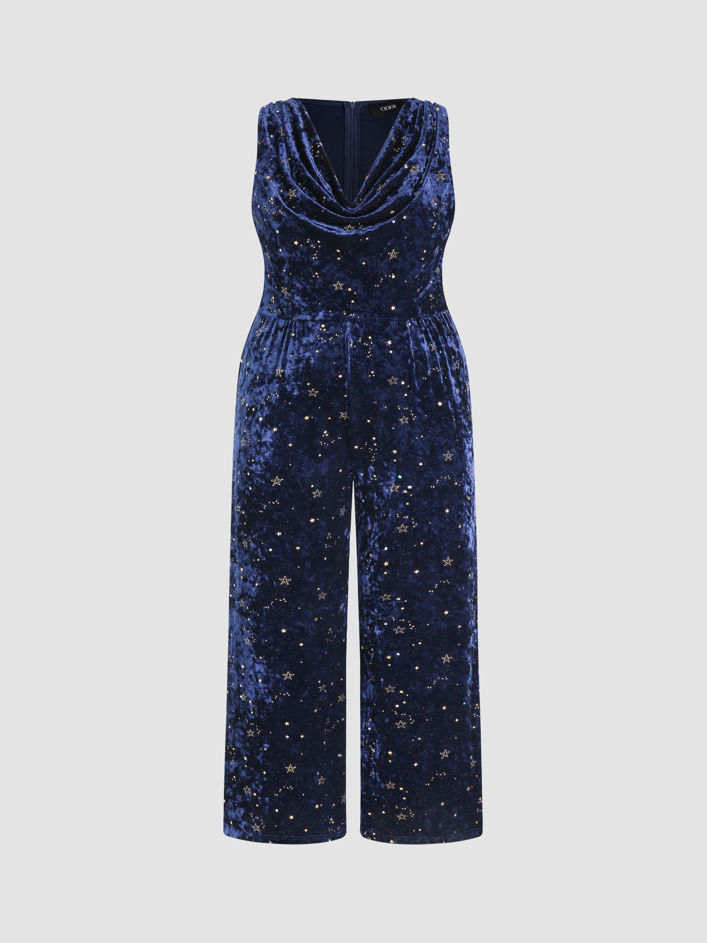 Velvet Cowl Neck Star Pattern Jumpsuit Curve & Plus Cider
